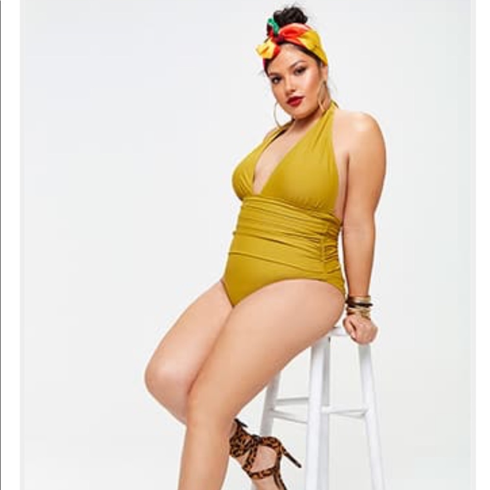 Plunging halter one piece swimsuit
